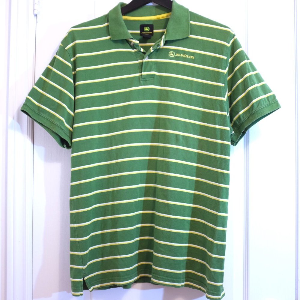 COPY - John Deere Polo Shirt Green Yellow White Striped Embroidered Logo size L